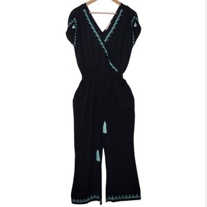 Soft Surroundings Black Blue Embroidery Boho Jumpsuit Sz S